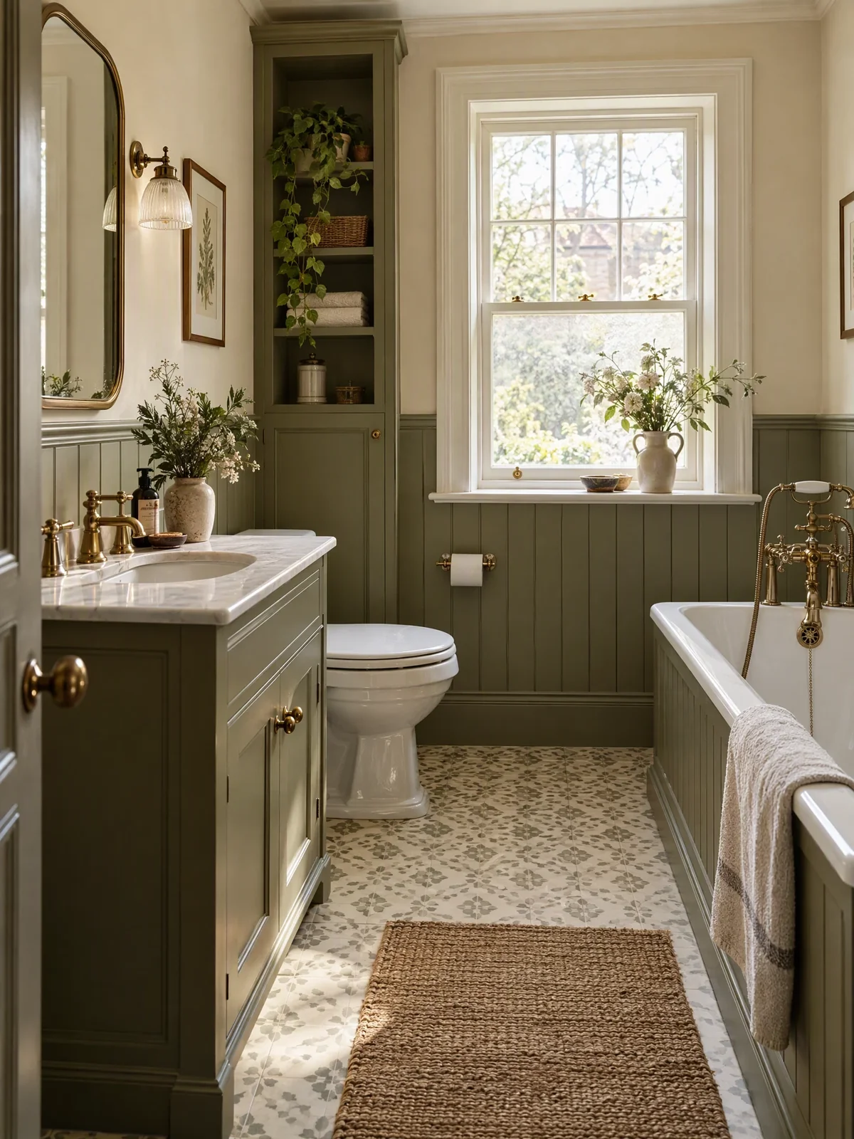 Design concept of a compact classic bathroom with olive panelling, single basin vanity and traditional brass fittings