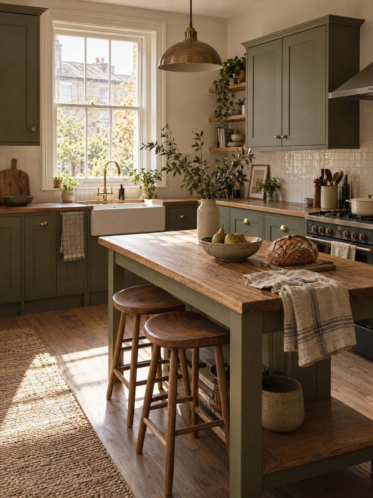 Kitchen concept showing attainable olive green cabinetry, natural oak and practical everyday storage