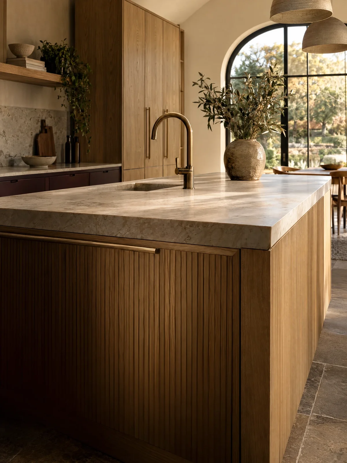 Photo-real concept of a contemporary kitchen with a natural oak fitted island, cream stone, brass details and garden light
