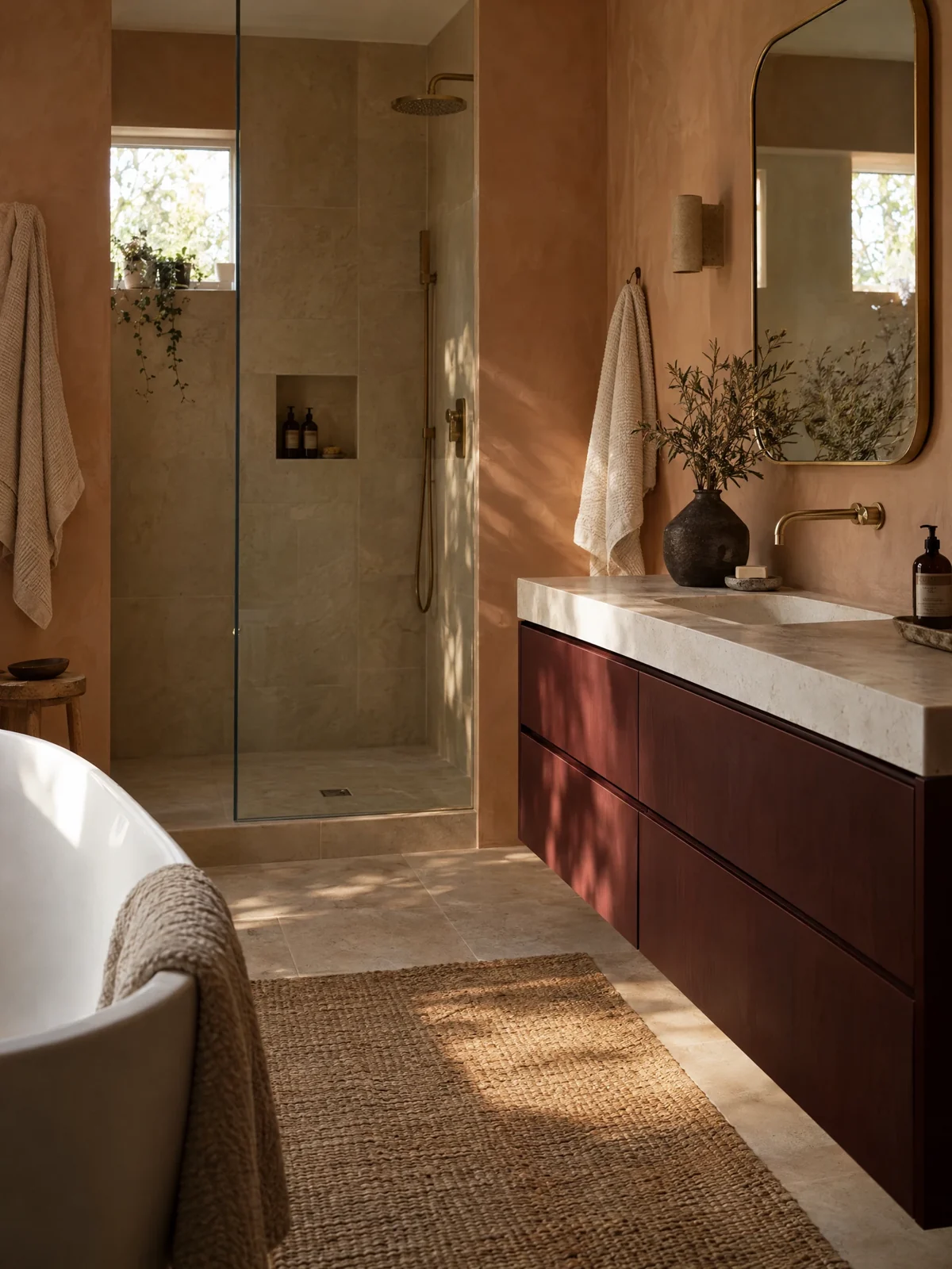 Bathroom design concept with warm limewash walls, burgundy vanity, brass details and a walk-in shower
