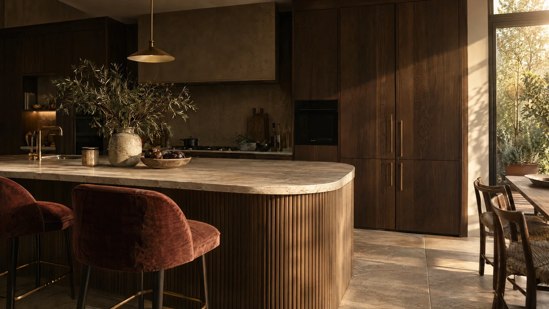 Kitchen design concept with smoked walnut cabinetry, a sculptural pale stone island and warm garden light
